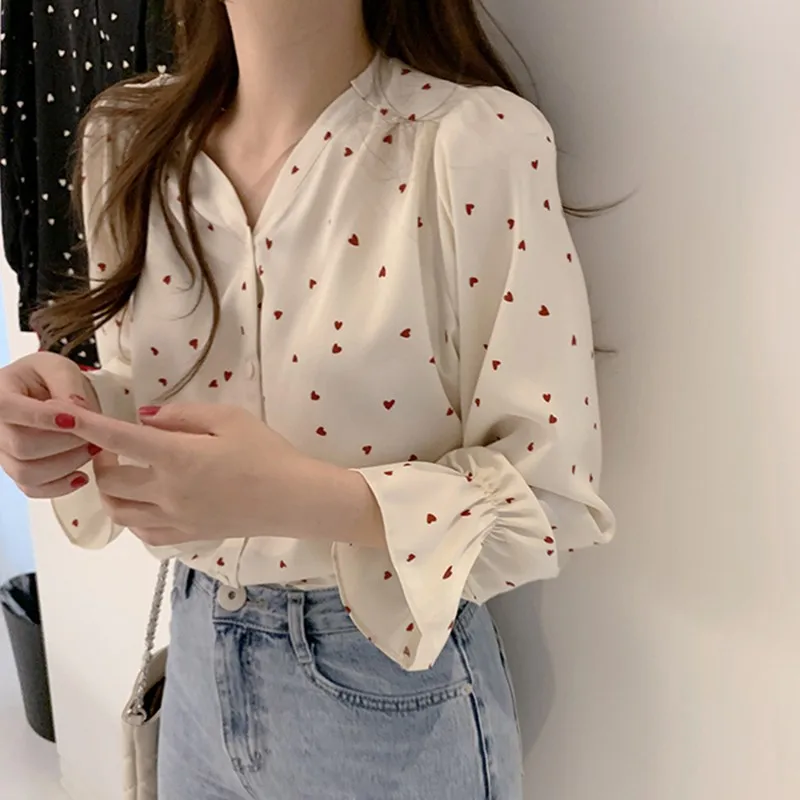Autumn Fashion Sexy Blouse Women V-neck Love Print Shirt Sweet Long Sleeve Loose Petal Sleeve Tops Fall Clothing 6