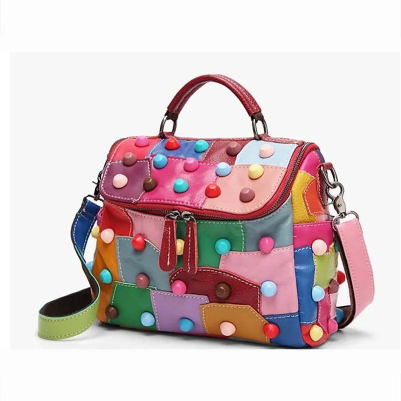 

Small Postman package Brand Handbag Women Bag Genuine Leather Rivet Shoulder Messenger Bags sheepskin splice Totes Handbag