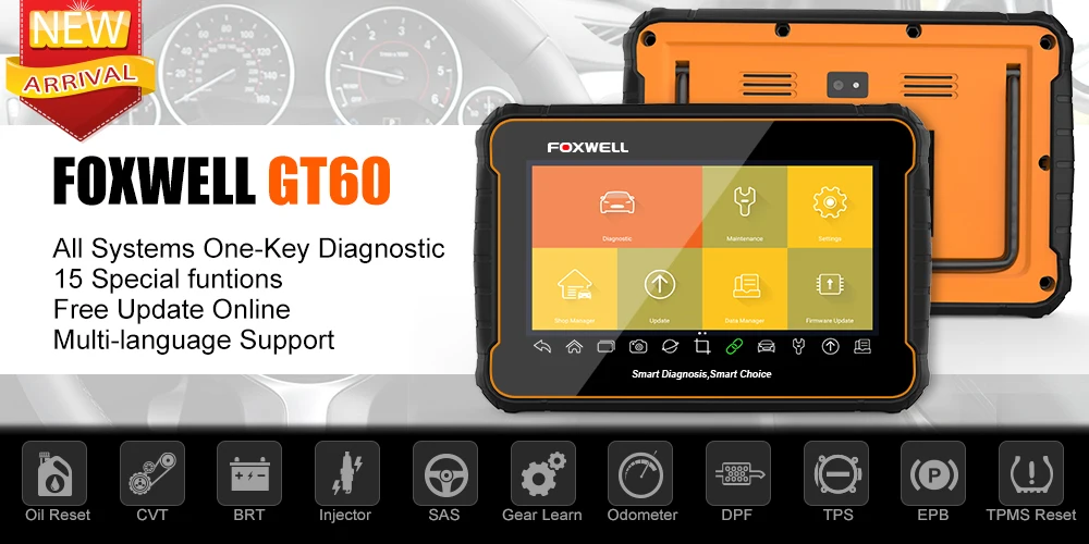 Foxwell GT60 Профессиональный OBD2 автомобильный Diangnostic Инструмент полная система подушка безопасности EPB SAS DPF масляный Инжектор Кодирование OBD Автомобильный сканер