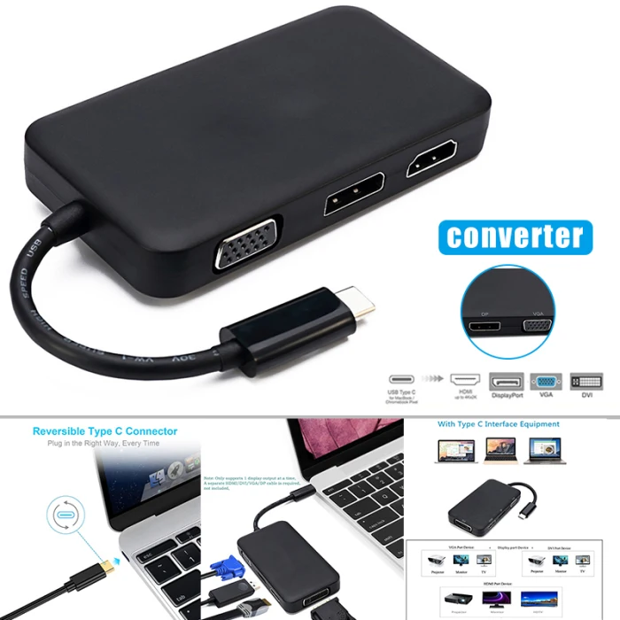 4-в-1 USB-C к VGA, HDMI, DVI DP Hub адаптер для ПК ноутбук Тетрадь GV99