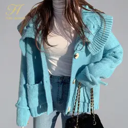 H Han queen 2019 осенне-зимнее пальто Модные женские с длинным рукавом Свободные трикотажные женский свитер кардиган сладкий карман женский