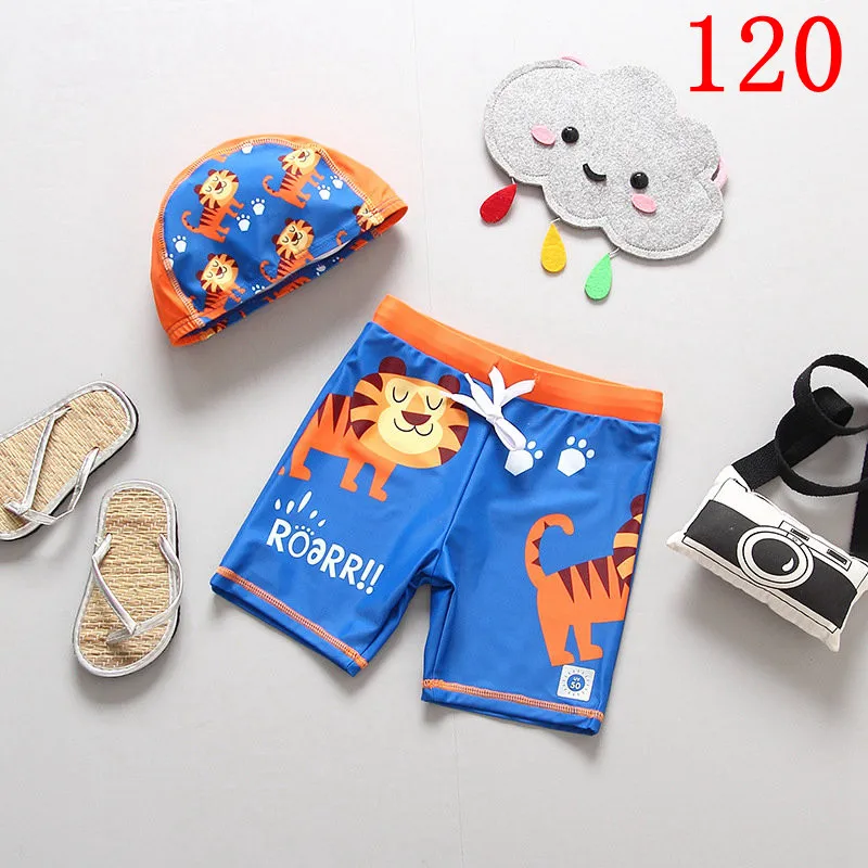 SIZE 120 Пляжные шорты для мальчиков с шапочкой, купальный костюм с динозавром из мультфильма Трусики для плавания детские плавки детская одежда для купания для маленьких мальчиков - Цвет: SIZE 120