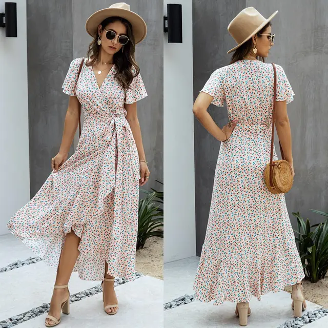 Summer Maxi Dress Women Polka Dot Sexy V Neck Ruffles Short Sleeve Holiday Long Beach Sundress