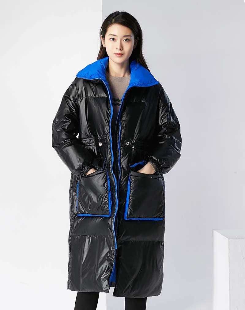 Winter Women Silver Duck Down jacket Loose High collar Female Long Outwear Long sleeve Thick warm Coat Casual YNZZU 9O096
