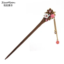 Винтажные пластиковые розы деревянные палочки для волос кристалл горный хрусталь металлический цветок аксессуар для волос женские модные украшения для волос