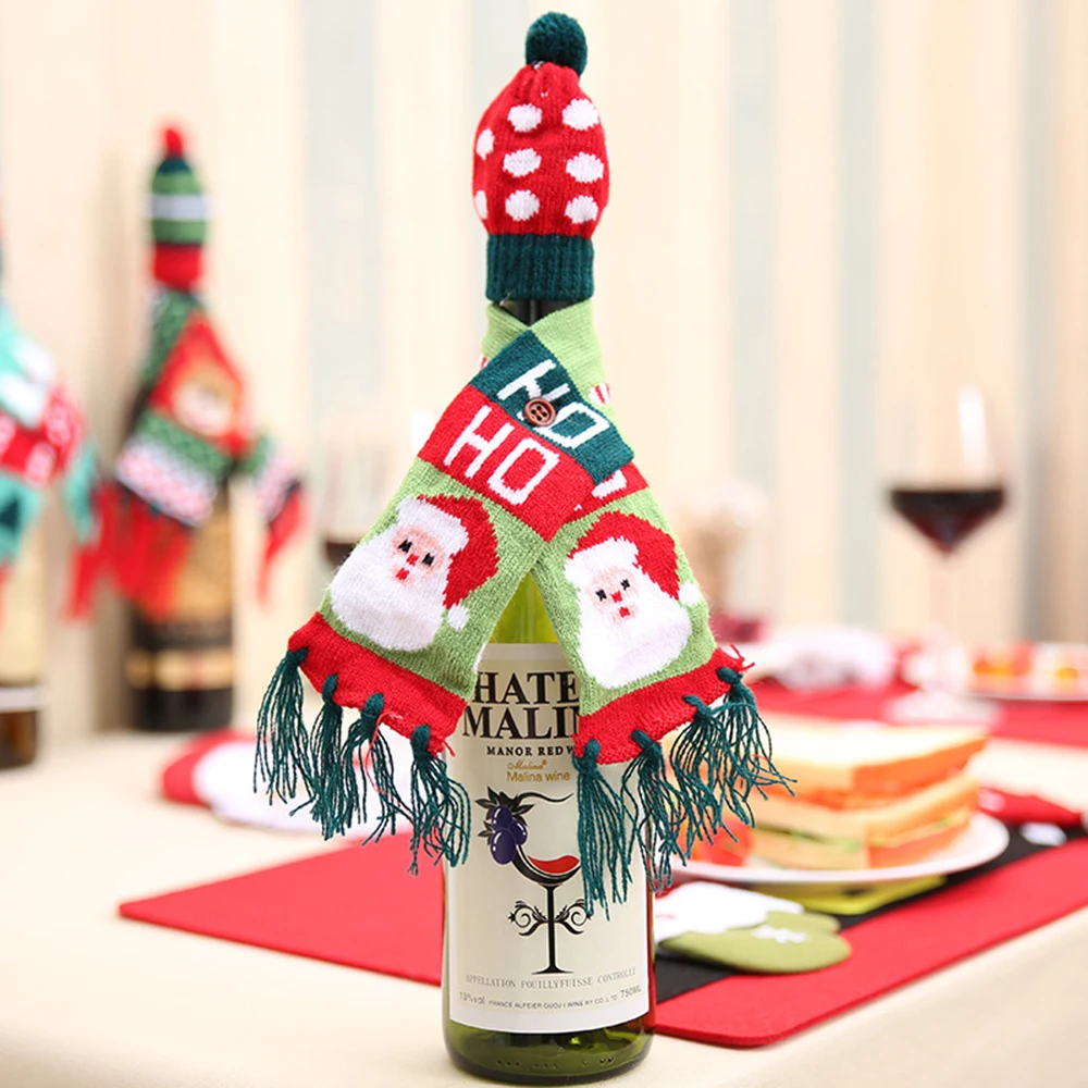 

Christmas Bottle Decoration Christmas Knit Scarf Hat Set Christmas Red Wine Bottle Decoration 3 Colors Optional