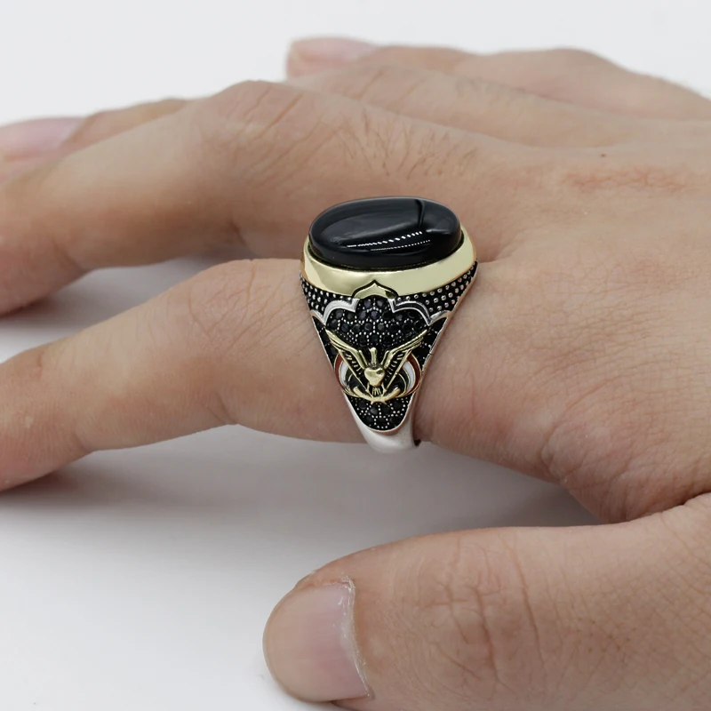 925 Sterling Silber für Männer Ring mit Oval Schwarz Natürliche Onyx Stein Ring Frieden Symbol für Männliche Thai Silber Türkische schmuck|Ringe| - AliExpress