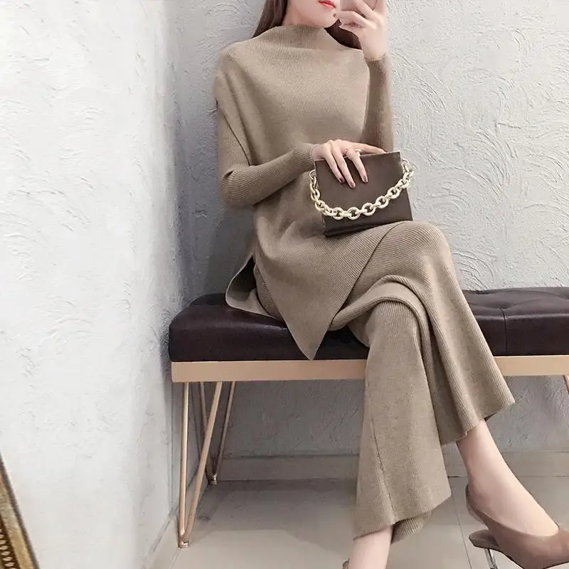 

Fashion 2020 Autumn Suit Women Loose lazy style net red knitted pullover with wide leg pants women two piece set women