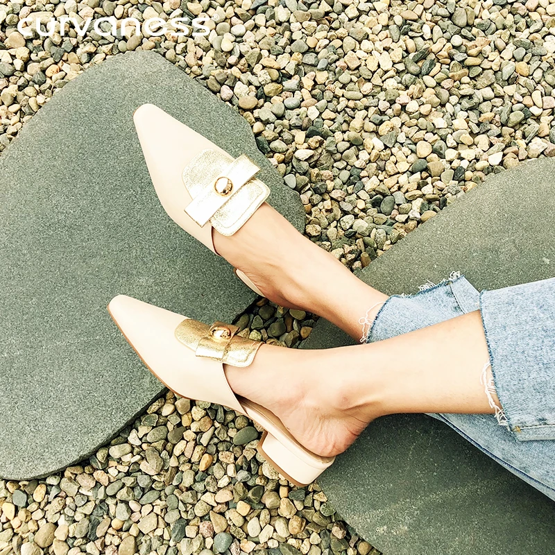 

Curvaness Women Slippers Elegant Pointed Toe Crystal High Heels Shoes Slip On Mules Outside Ladies Party Slides Mules Gold