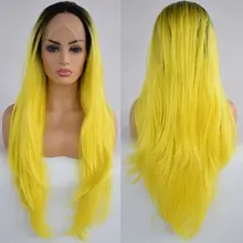 Бомба Черный корни желтый прямые синтетические волосы 13*3 Синтетические волосы на кружеве парик термостойкие волокна волосы натуральных волос для Для женщин парики