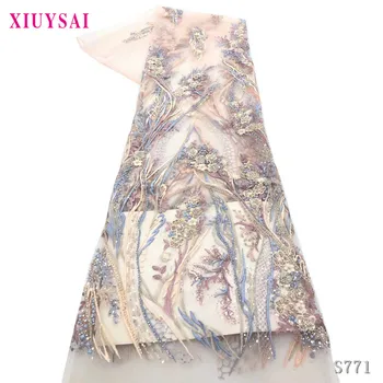 

luxury embroidered Tulle Lace Fabric unique JIANXI bridal French Net Lace Fabric with beads S771