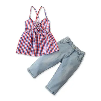 

2-7Y Toddler Baby Kid Girls Clothes Set Summer Plaid Vest Backless Tops T Shirt + Denim Pants Outfits Children Girl Costumes