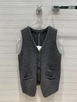 

2020 New Autumn Winter Sequins Ribbed V-neck Irregular Vest Cashmere 100% Sweater Women Free Shipping
