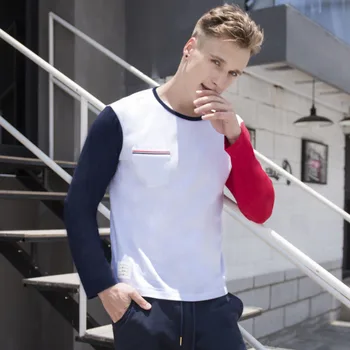 

2020 Fashion TB THOM Brand T- Shirts Men Casual Slim Cotton T-shirts Long Sleeve Patchwork Panelled Personality O-Neck Clothing