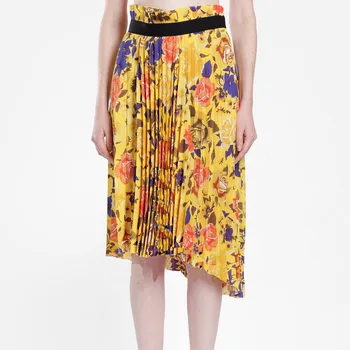 

Women's Flower Printing Casual Skirts Asymmetric Pleated Elastic Waist High Waist Knee-LengthSkirt