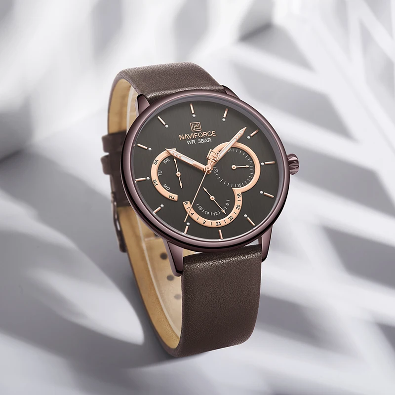 NAVIFORCE новые мужские Модные Аналоговые кварцевые наручные часы с кожаным ремешком Роскошные простые Стильные дизайнерские нарядные часы для мужчин подарки