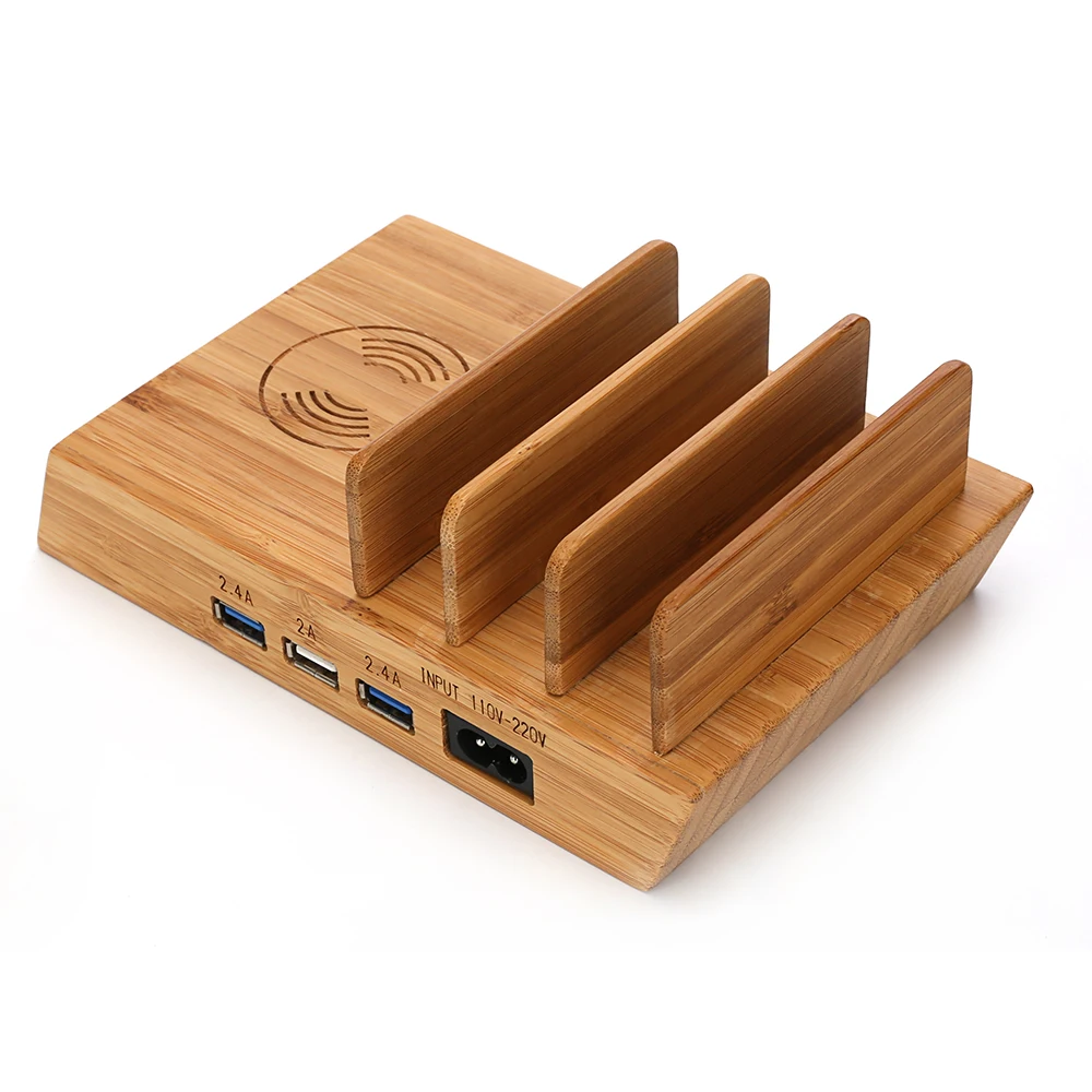 Multipurpose Bamboo Wood Wireless Charger Bracket 3 USB Port Charging Dock Wireless Fast Charging Station For IPhone Smart Phone