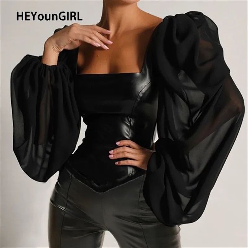 HEYounGIRL черная Элегантная футболка из искусственной кожи женская винтажная Сетчатая футболка с пышными рукавами женская облегающая Сексуальная укороченная Футболка женская