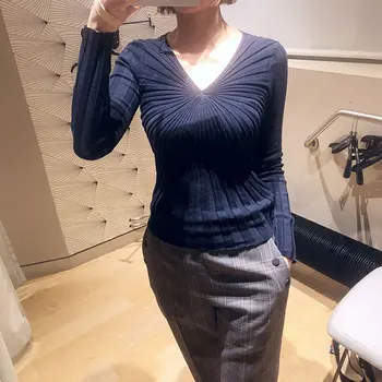 

Women Sweater 2019 Spring and Summer New Style Solid Color V-neck Simple Sweater Top