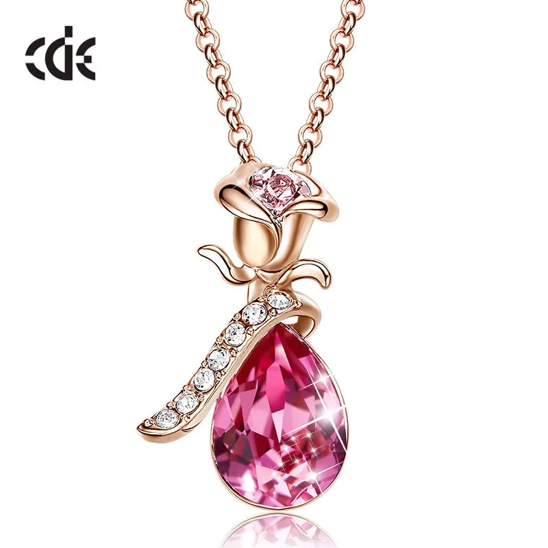 CDE женское ожерелье золотого цвета с розовым цветком кулон кристаллами от Swarovski слеза ювелирное изделие