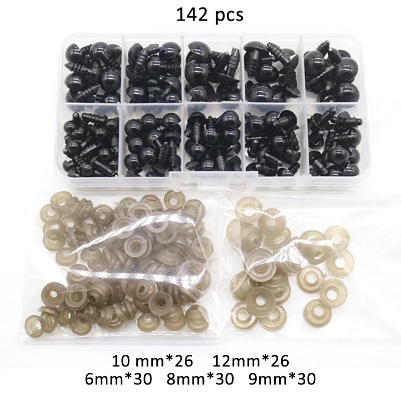 1 caja para juguetes, suministros DIY, accesorios de ojos, accesorios de muñeca de ojo negro, plástico de seguridad de 6mm, 8mm, 9mm, 10mm, 12mm, multiusos