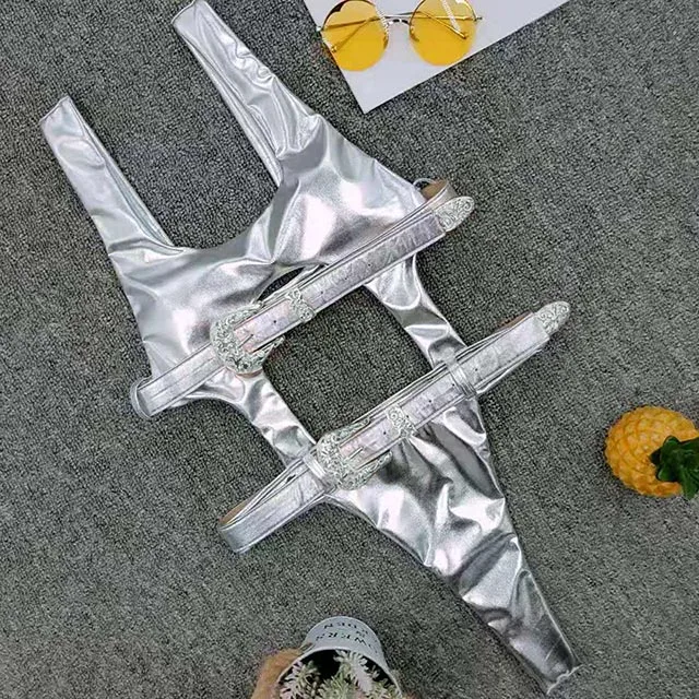 B781Silver1 Женский купальник с пряжкой и ремнем, сексуальный блестящий цельный купальник из искусственной кожи, женские стринги, монокини, купальный костюм с высоким вырезом, бразильский комплект бикини - Цвет: B781Silver1