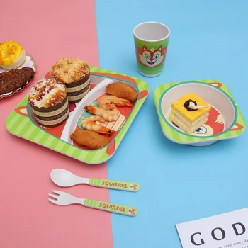 

5 Pcs Bamboo Fiber Cartoon Squirrel Children's Cutlery Set Environmental Friendly Kids Dinnerware Set Baby Feeding Plate Bowl Tu