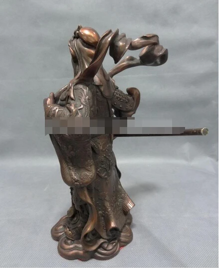 412+++ 1" Китайский чистый Бронзовый воин Меч Голова Дракона GuanGong Guan Yu God статуя