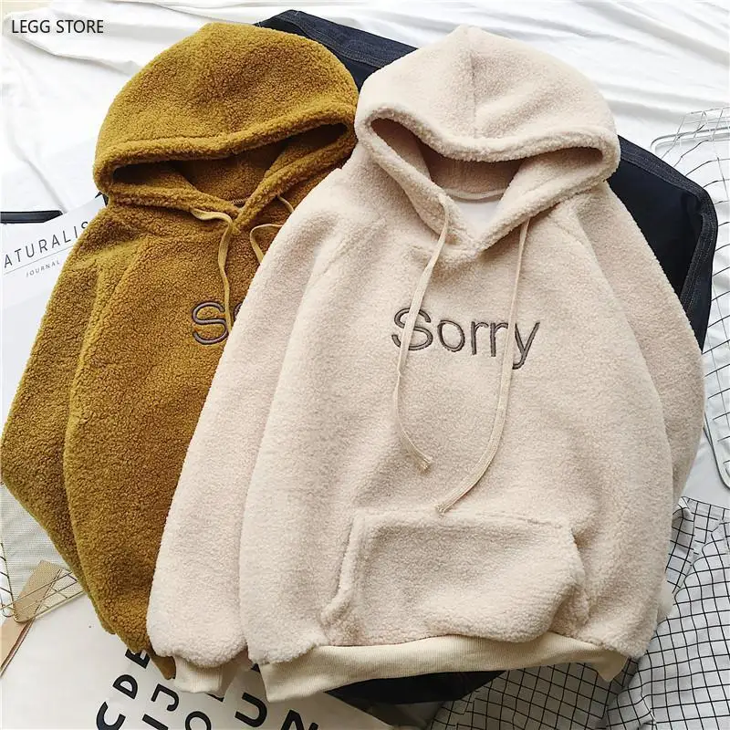 

Winter Thicken Coat Keep Warm Hooded Sorry Print Harajuku Loose Pocket Hoodies Womens Fleece Flannel Pullover Female Sweatshirt