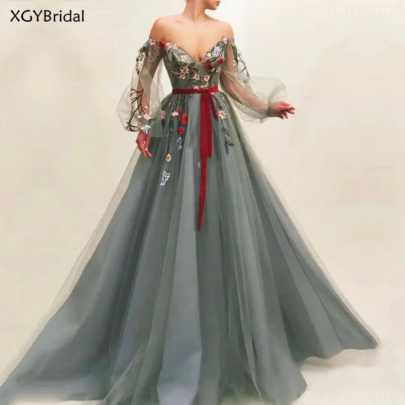 

New Muslim Evening Dress Off Shoulder Prom Dress Embroidery Tulle Islamic Dubai Kaftan Saudi Arabic Long Sleeves Evening Gown