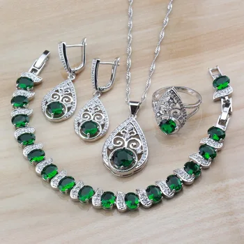 

2019 Hot Selling New Arrival Silver Color With Natural Stone CZ Green 4PCS Water Drop Jewelry Sets For Women Fashion Sets