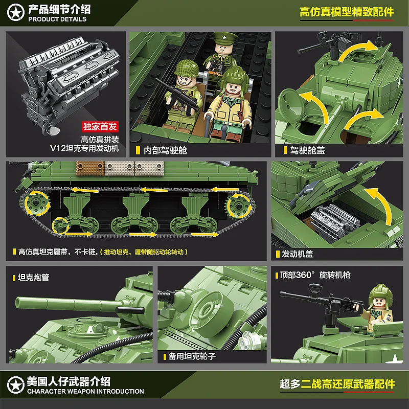 726PCS US Military Sherman M4A1 Tank Building Blocks Military WW2 Tank Officer Soldier Weapon Army