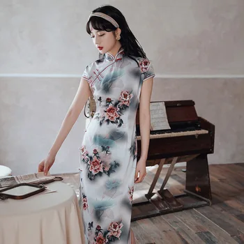 

Print Flower Sexy High Split Qipao Lady Veatidso Elegant Mandarin Collar Long Cheongsam Vintage Button Gray Satin Dress