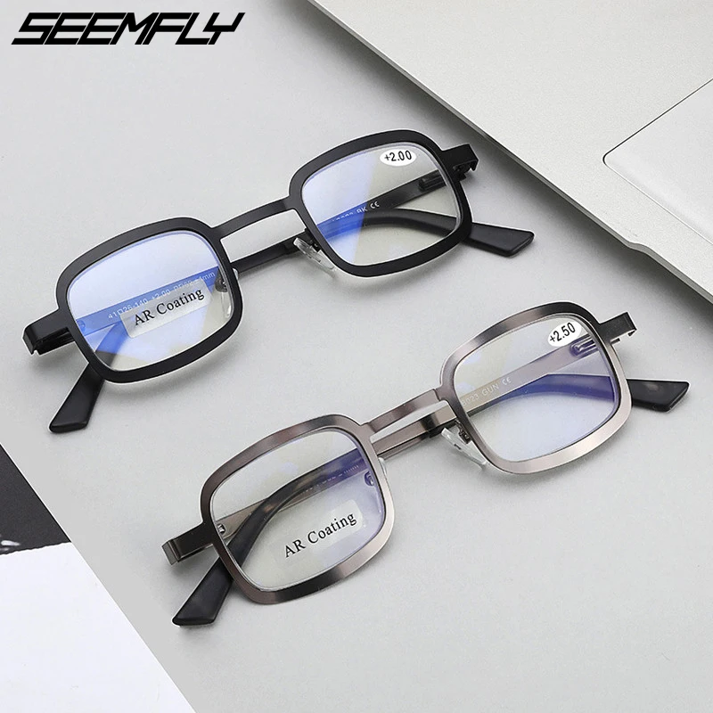 SEEMFLY анти голубой свет очки для чтения для женщин и мужчин металлические пресбиопические очки женские мужские очки при дальнозоркости квадратные очки