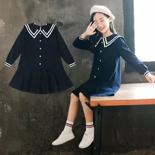 Новое Осеннее детское платье для девочек хлопковая длинная футболка школьный стиль, темно-синее платье с длинными рукавами для девочек-подростков, одежда От 3 до 14 лет