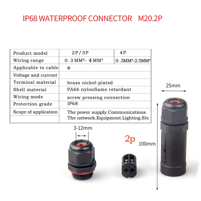 IP68 Waterproof Connector 2 Pin 3 Pin 4 Pin 5 Pin Electrical Terminal Adapter Wire Connector Screw Pin connector LED Light pin M20 2p
