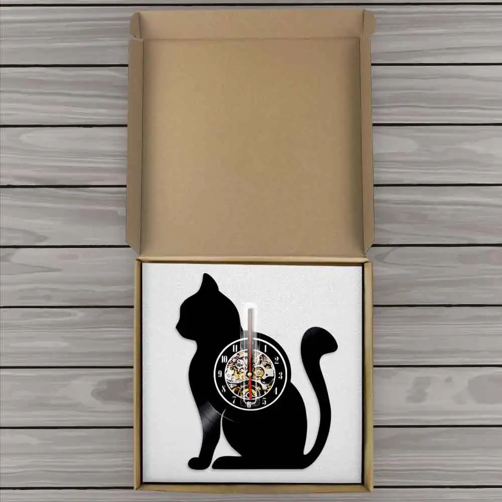 Сидящая кошка силуэт настенные часы кошка Виниловая пластинка часы Уникальный Кот подарок для любителей кошек Pussycat домашний декор Виниловая пластинка искусство