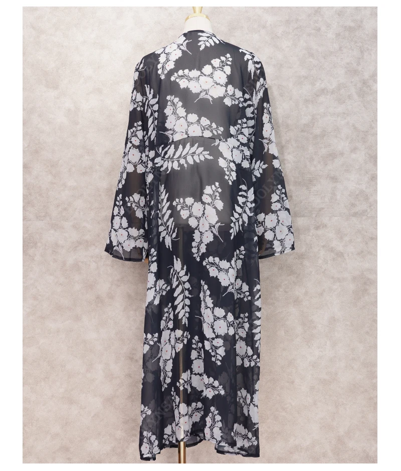 Bikini Cover-ups Boho Printed Long Kimono Cardigan Plus Size White Black Chiffon Tunic Women Beach Wear Swim Suit Cover Up A225