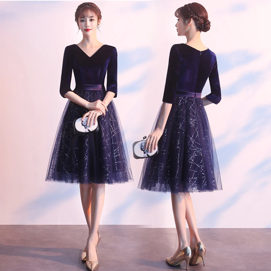 

2019 Prom Dress Navy Blue V-neck Shining Short Dress Women Prom Fashion Gala Gown Elegant A-Line Ball Gown Prom Dresses E095