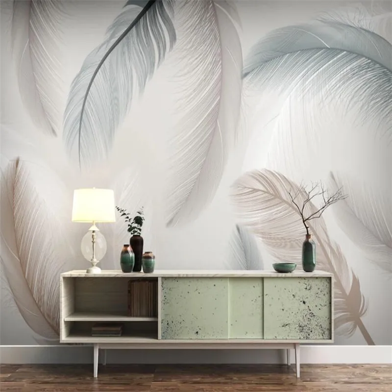 

Custom small fresh modern creative hand painted flowers and birds feather TV background wallpaper mural