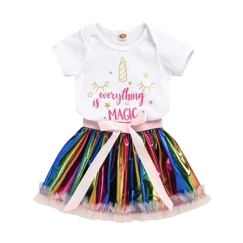 

Baby Girl Clothes 0-24M Newborn Infant Kids Baby Girls Clothes Sets Short Sleeve Tops Romper Rainbow Lace Tutu Skirt 2pcs Set