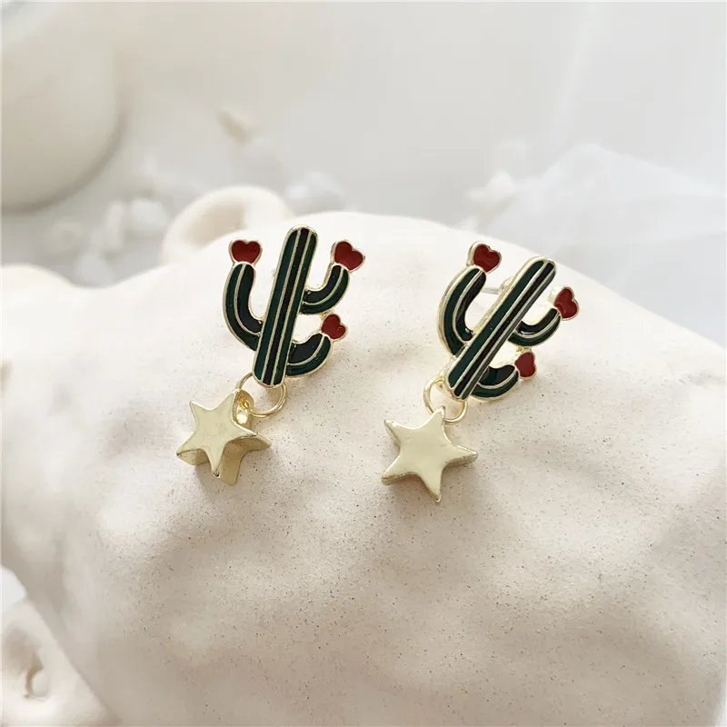 925 Silver Needle Star Pendant Cactus Cute No Hole Earring Korean Fashion Sweet Earrings for Women 925 Silver Needle - Окраска металла: 925 Silver Needle