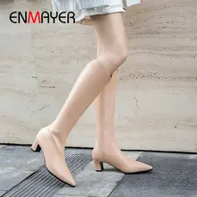 ENMAYER/ г. Зимняя обувь женские высокие сапоги до колена из PU искусственной кожи, без шнуровки, с острым носком зимние сапоги на квадратном каблуке Женская обувь, размеры 34-43