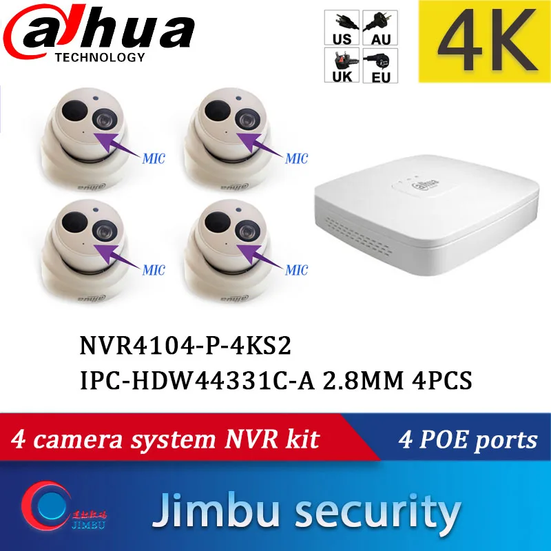 Dahua 4 камеры системы NVR наборы DHI-NVR4104-P-4KS2 поддержка muilt-язык и 4MP ip-камера 4 шт. камеры безопасности DH-IPC-HDW44331C-A