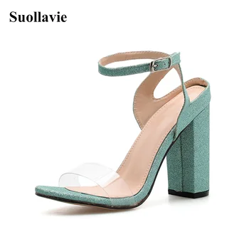 

2019 PVC Transparent Open-toed Women Square Heels Sandals Buckle Strap Party Fashion Sandals Blue Shoes Size 35-42