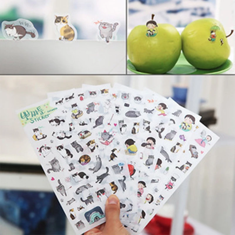 6 Sheets Stickers Pack Animals Cartoon Cute Cat PVC Materials Creative Cup Space Handbook Diary Decorative Mobile Fridge Album | Игрушки и