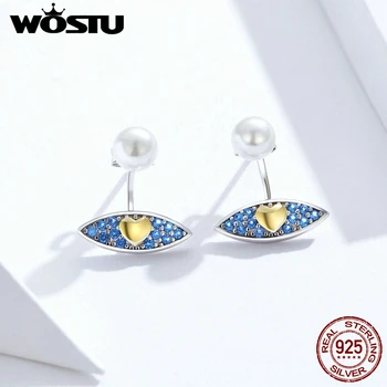 

WOSTU Pure 925 Sterling Silver Demon Eye Stud Earrings Blue Zircon Pearl Small Earrings For Women Wedding Trendy Jewelry FIE822