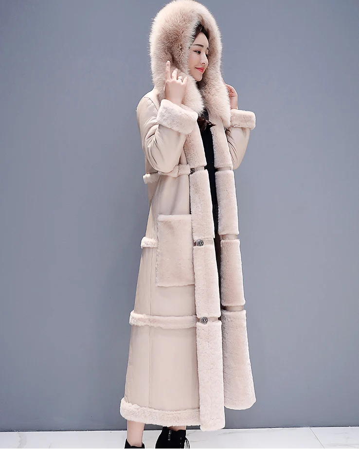 Осенне-зимнее пальто из меха ягненка женские большие размеры корейский стиль большой меховой воротник выше колена из искусственной кожи толстое теплое длинное пальто элегантные женские