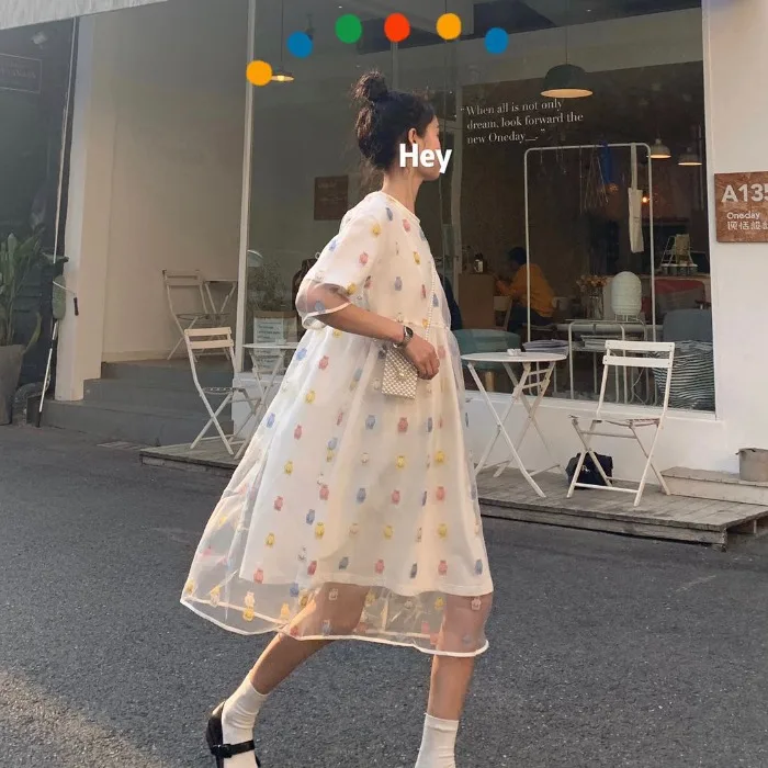 

Colorful Bear Print Mesh Dress Lolita High Waist Short Dress Summer Kawaii Robe Femme Vestido Mujer Vestiti Donna