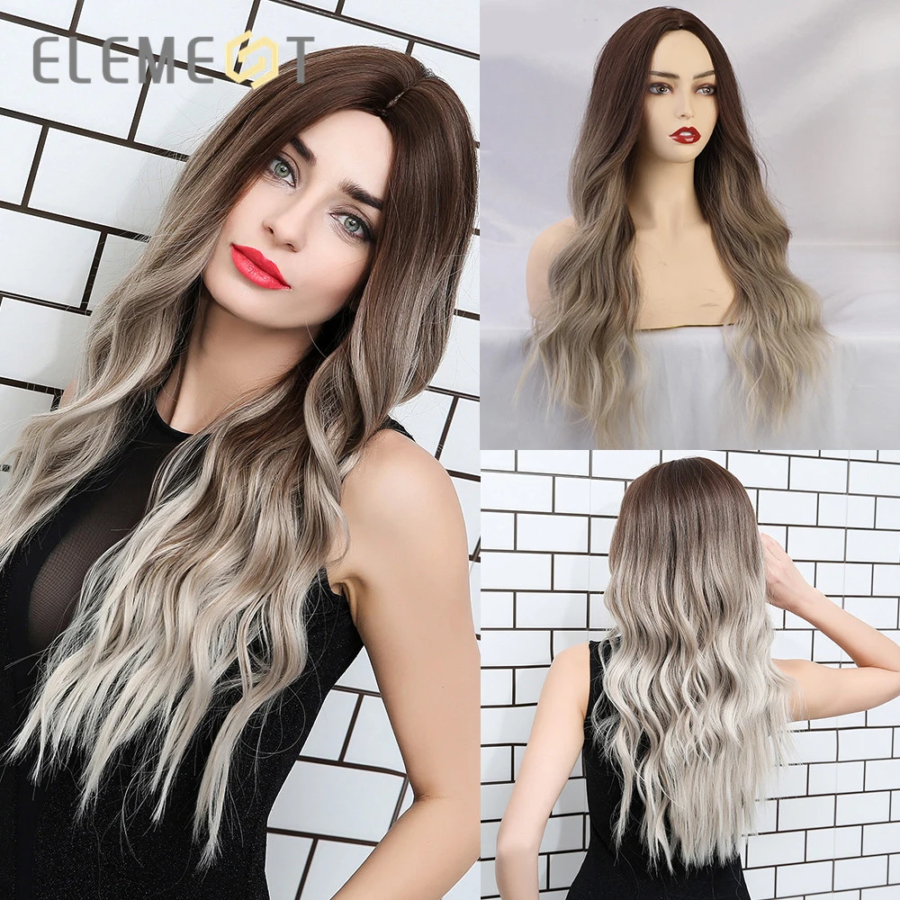 Element Synthetic Dark Root Light Brown Ombre Grey Long Wavy Hair Wigs Center Part Cosplay Costume Wig for White Black Women 1 Element Synthetic Dark Root Light Brown Ombre Grey Long Wavy Hair Wigs Center Part Cosplay Costume Wig for White Black Women 1